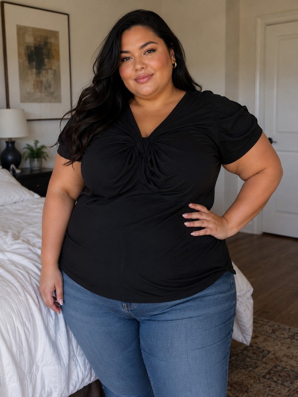 Carole Little Black Twist-Front V-Neck Short Sleeve Top